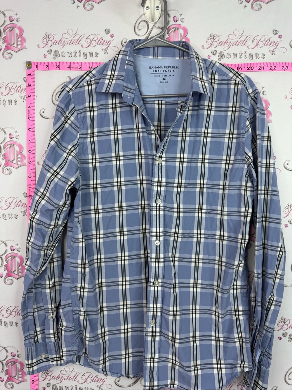 Banana Republic Men’s Light Blue and White Plaid Button-Down Shirt
